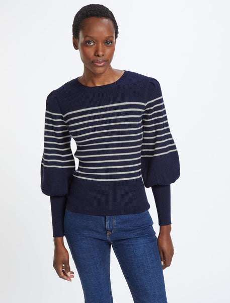 Eva Wool Crew Neck Jumper - Navy Cream Stripe