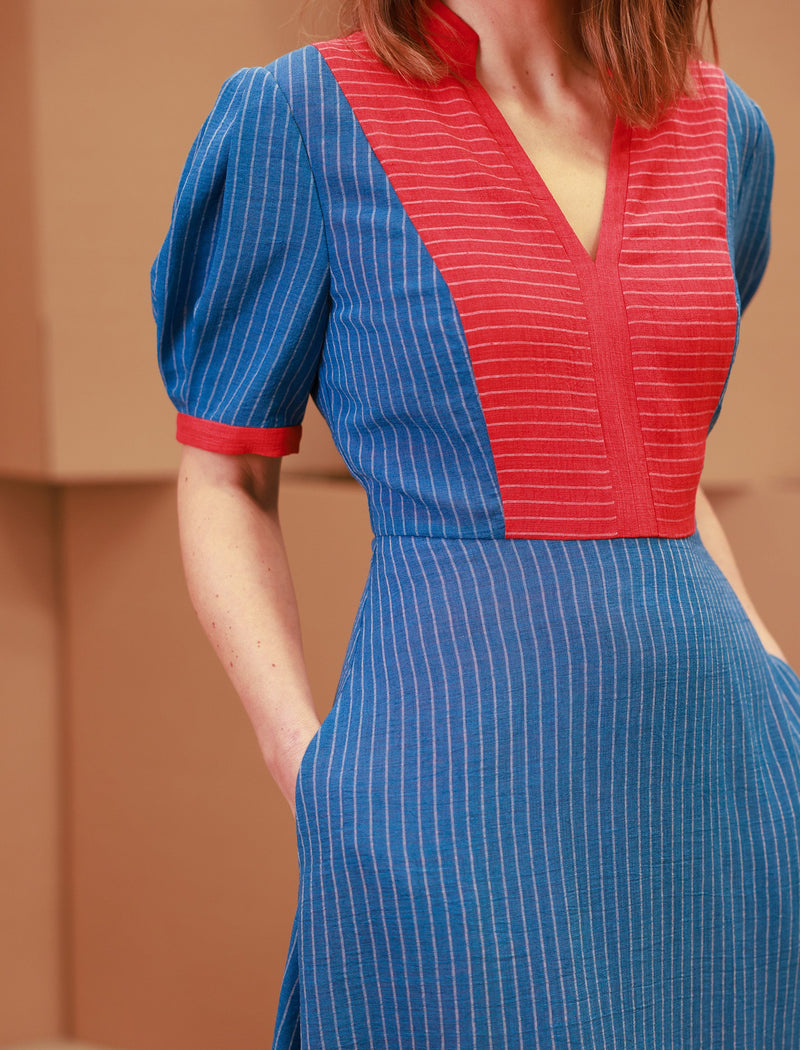 Imogen Techni Voile Midi Dress - Cornflower Blue Crimson Stripe
