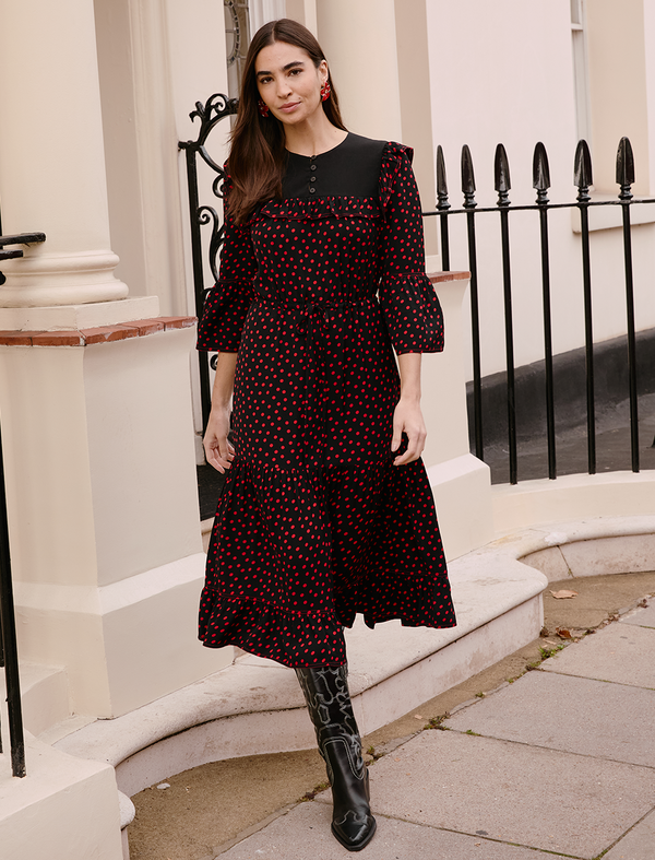 Celia Midi Dress - Black Red Polka Dot Print