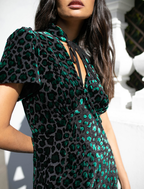 Jacquetta Devoré Bias Maxi Dress - Green Leopard Devore