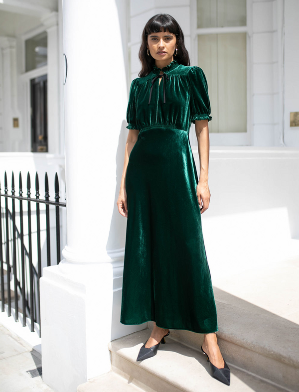 Irina Bias Cut Velvet Maxi Dress - Green