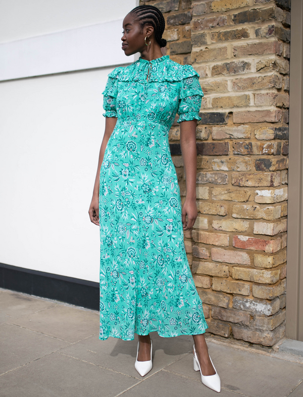 Viola Cotton Blend Bias Cut Maxi Dress - Green White Palm Floral