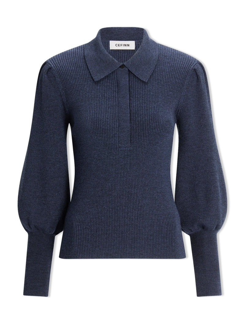 Eva Merino Wool Collared Jumper - Denim Blue