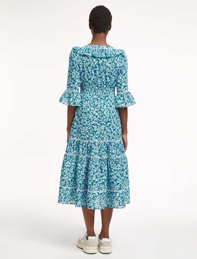Emma Cotton Midi Dress - Mid Blue Blossom Print