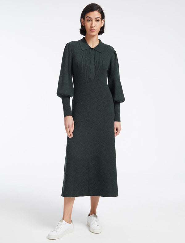 Eva Merino Wool Collared Knit Maxi Dress - Dark Green