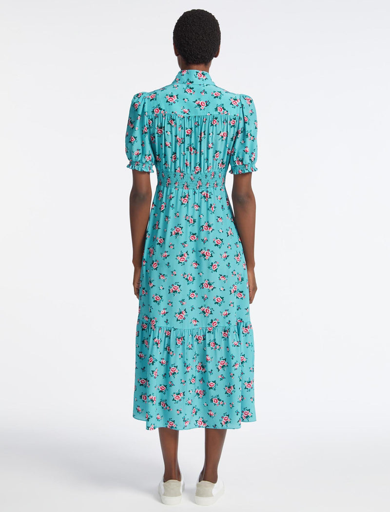 Rebecca Silk Midi Dress - Mint Posy Print