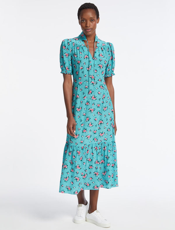 Rebecca Silk Midi Dress - Mint Posy Print