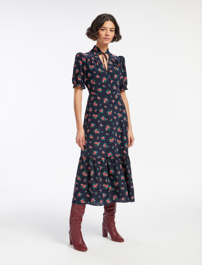 Rebecca Silk Midi Dress - Navy Posy Print