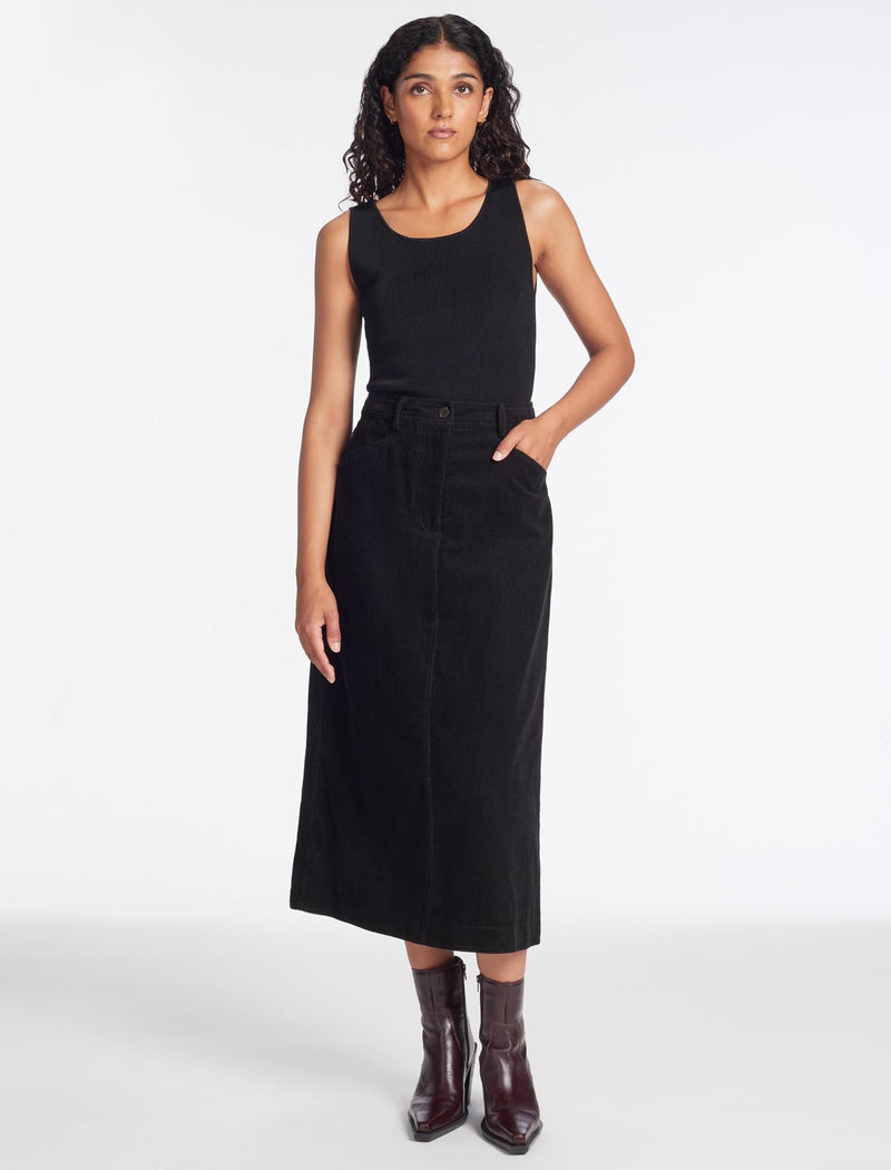 Shona Corduroy A Line Midi Skirt - Black