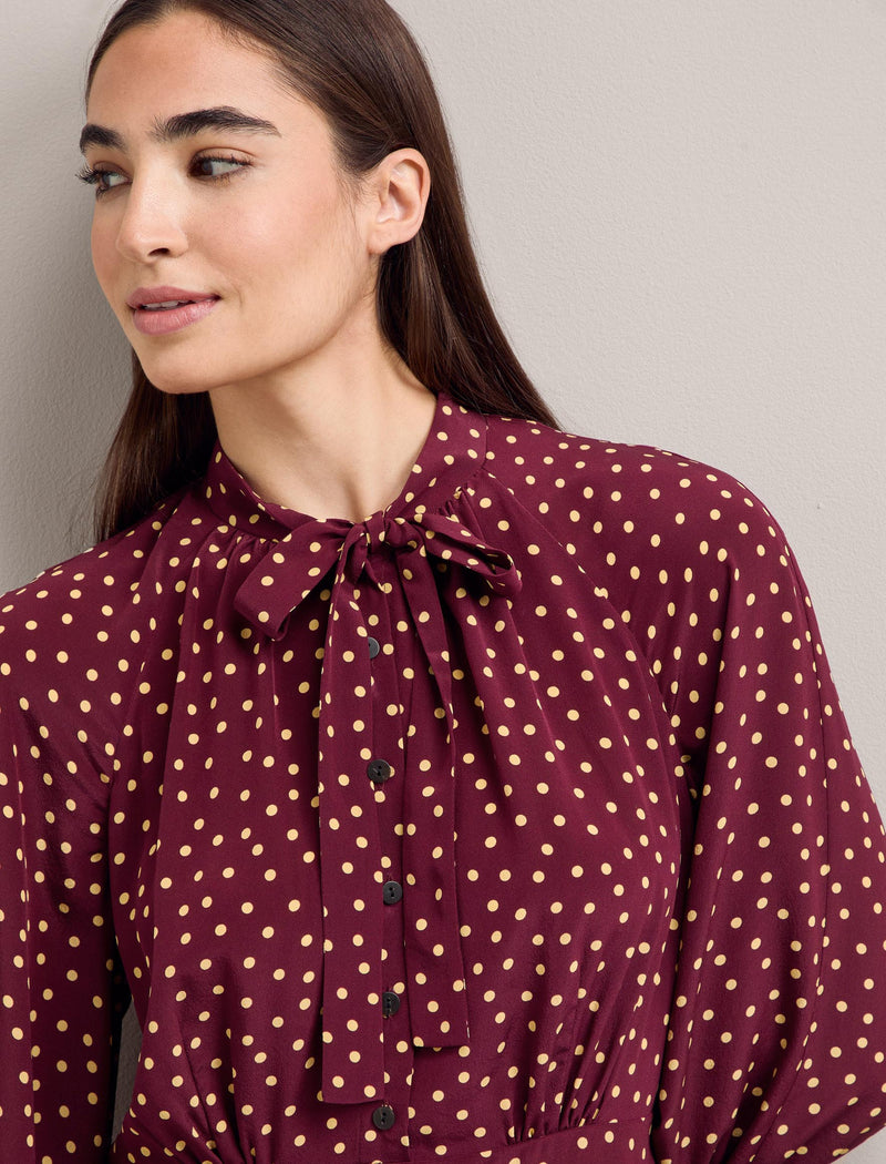 Daria Silk Pussy Bow Midi Dress Burgundy Gold Polka Dot Print