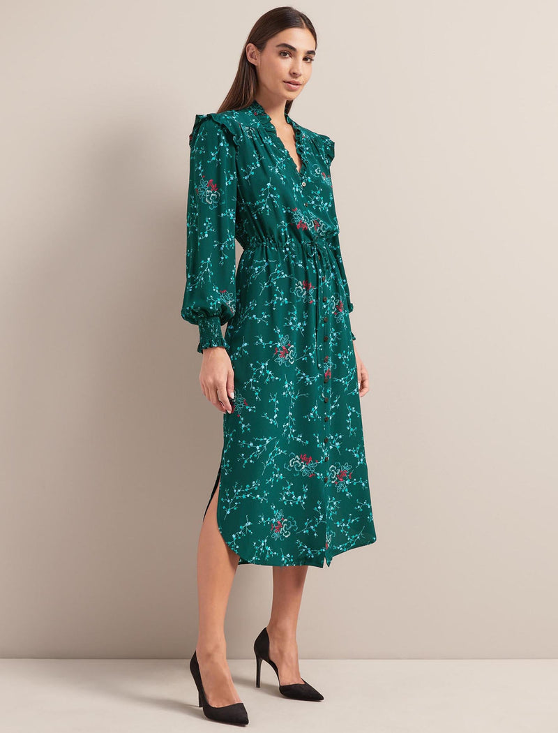 Stella Silk Midi Dress - Green Lotus Print