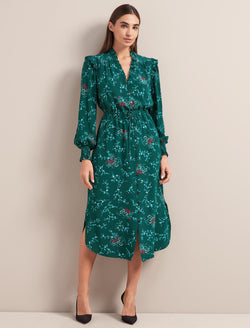 Stella Silk Midi Dress - Green Lotus Print