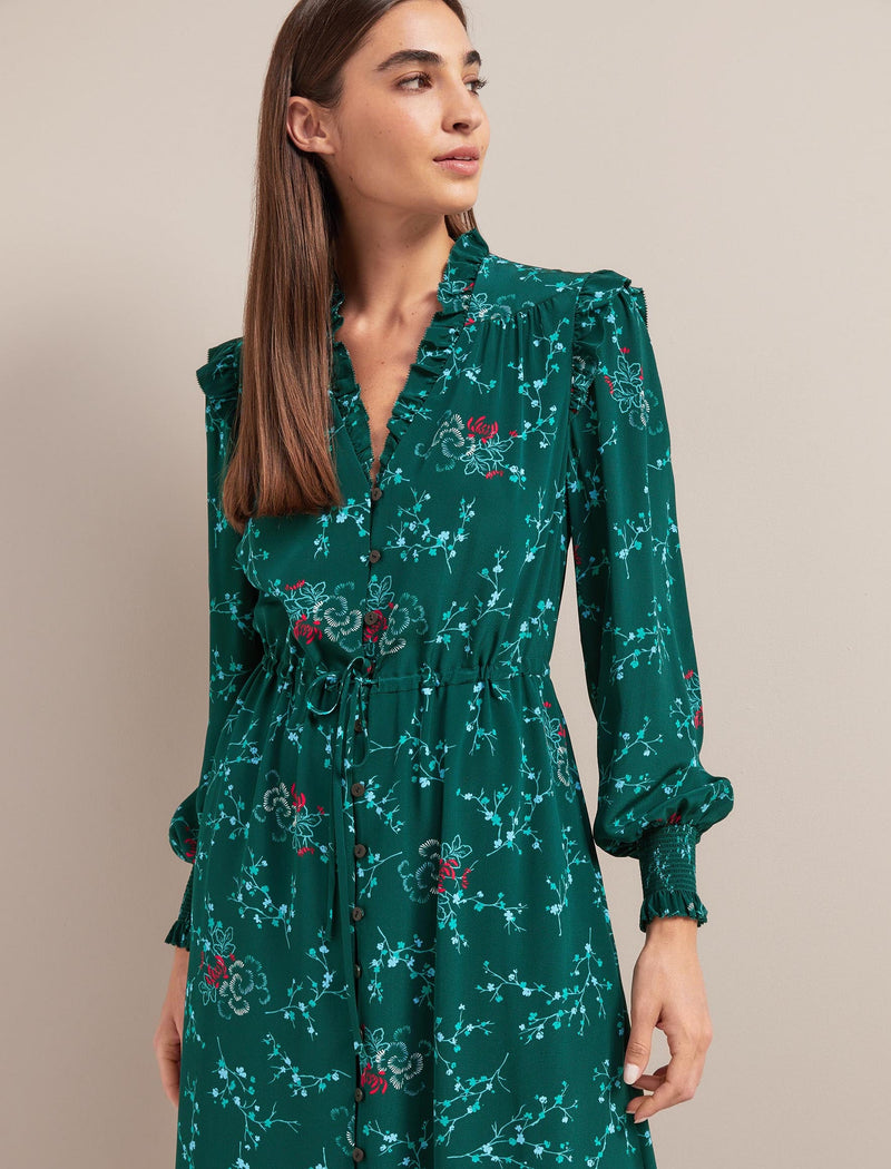 Stella Silk Midi Dress - Green Lotus Print