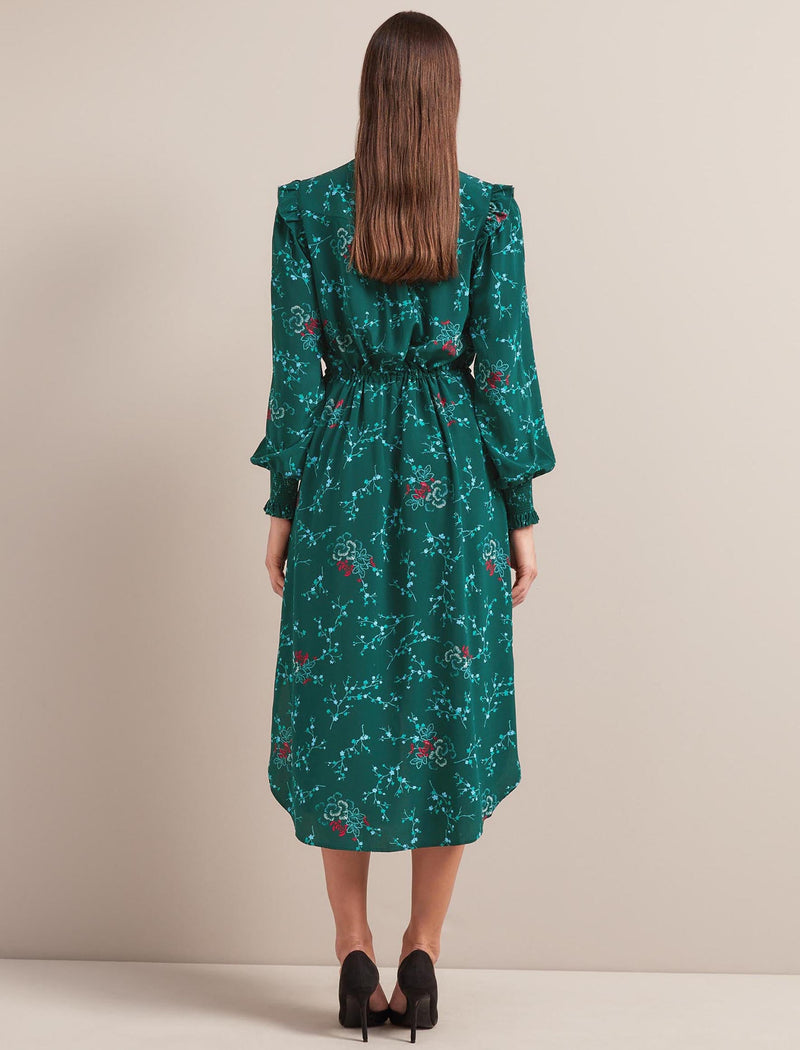 Stella Silk Midi Dress - Green Lotus Print