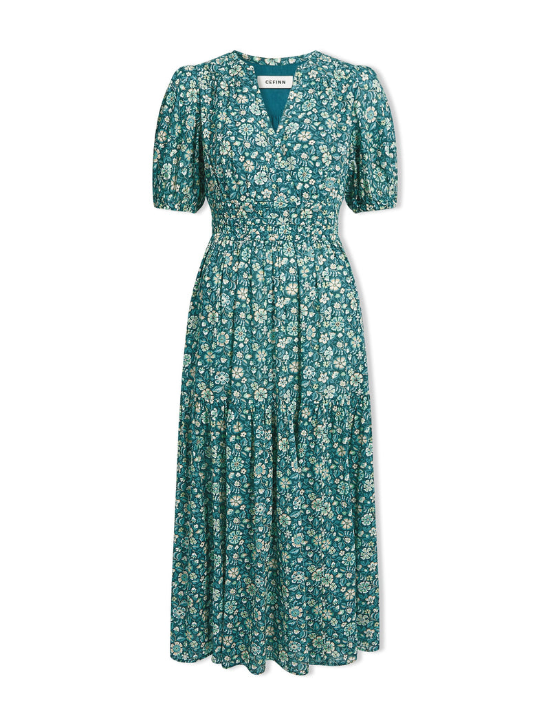 Olive Cotton Blend Midi Dress - Green Ditsy Carnation Print