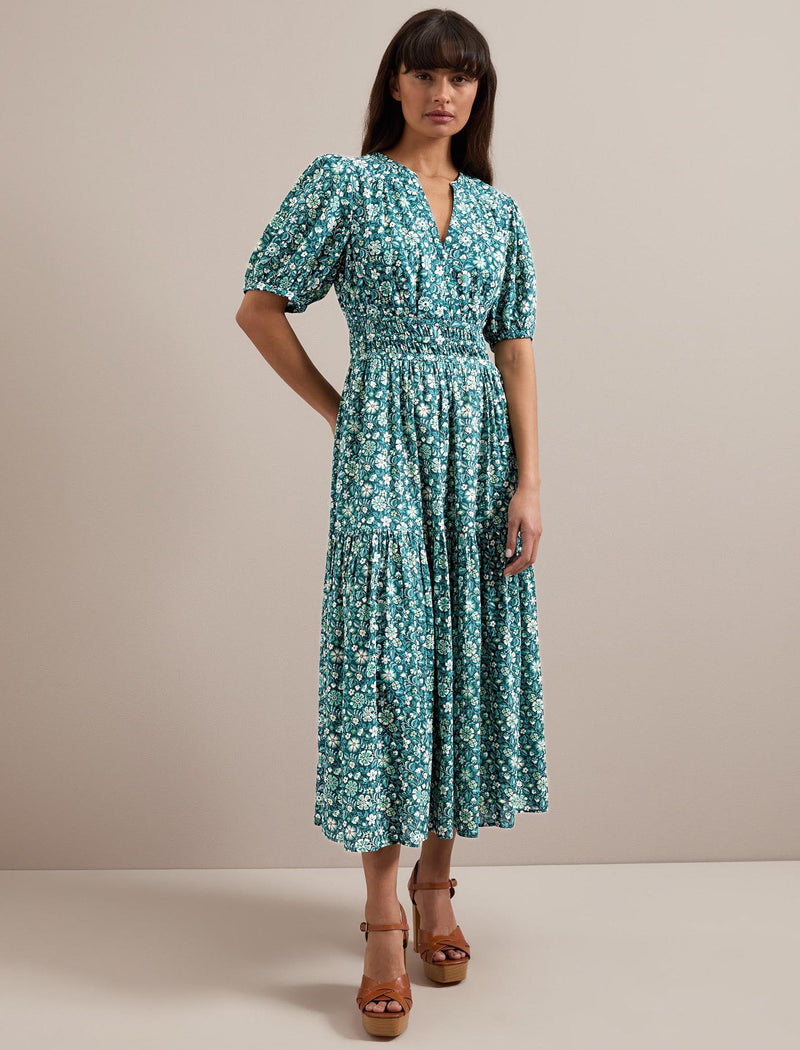 Olive Cotton Blend Midi Dress - Green Ditsy Carnation Print