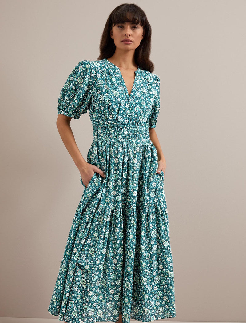 Olive Cotton Blend Midi Dress - Green Ditsy Carnation Print