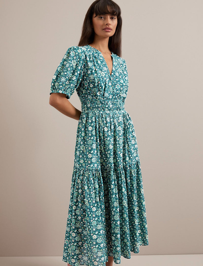 Olive Cotton Blend Midi Dress - Green Ditsy Carnation Print