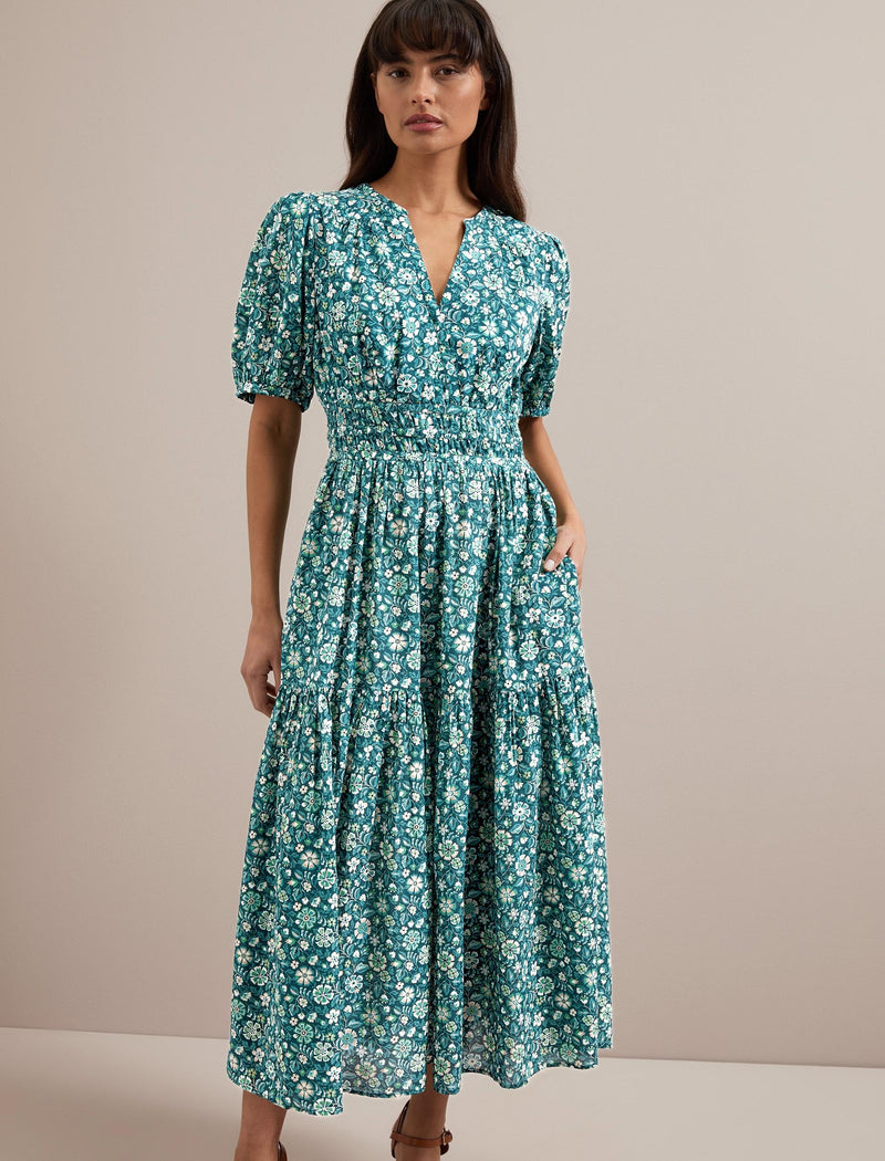 Olive Cotton Blend Midi Dress - Green Ditsy Carnation Print