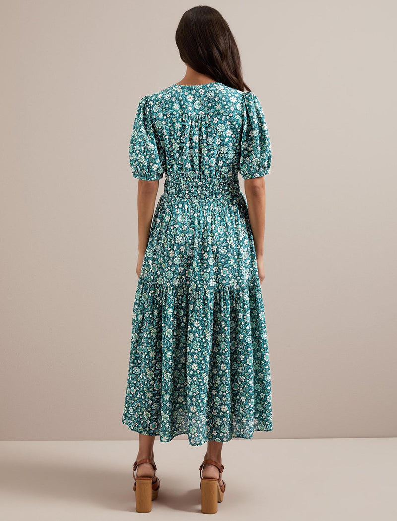 Olive Cotton Blend Midi Dress - Green Ditsy Carnation Print