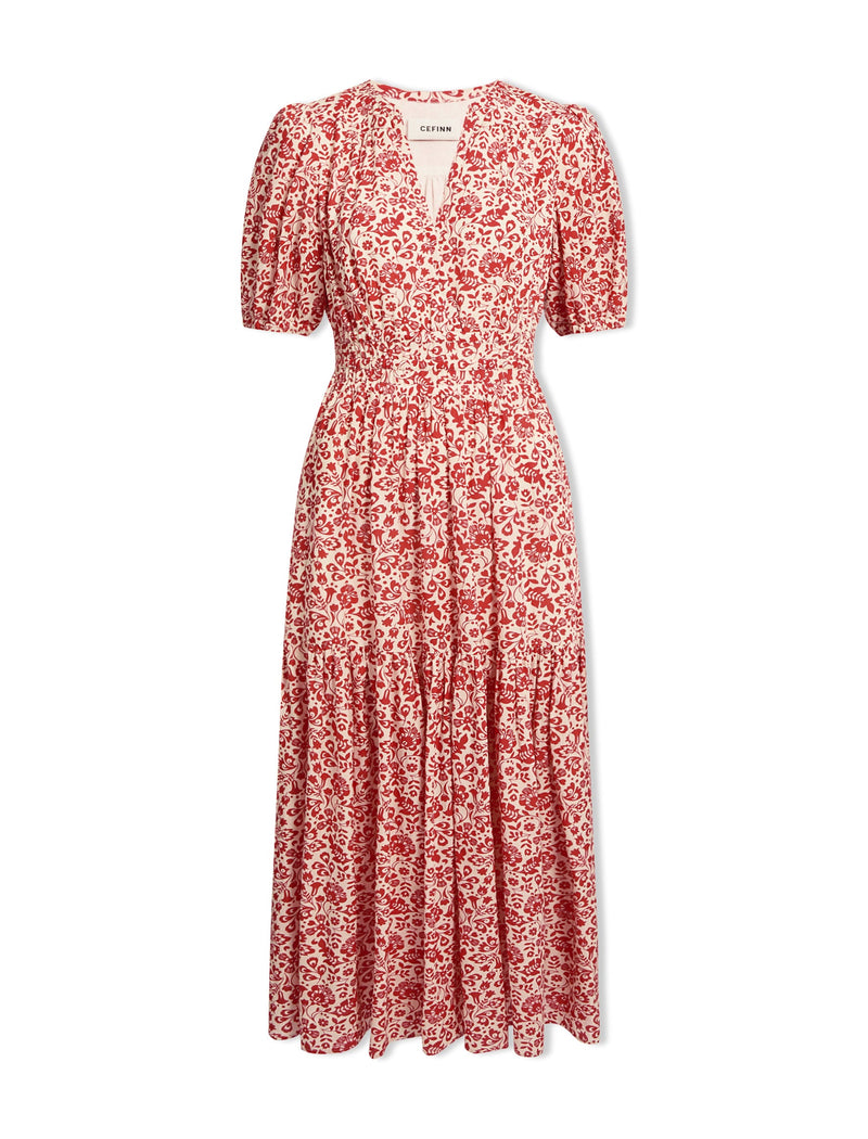 Olive Cotton Blend Midi Dress - Red Mono Floral Print