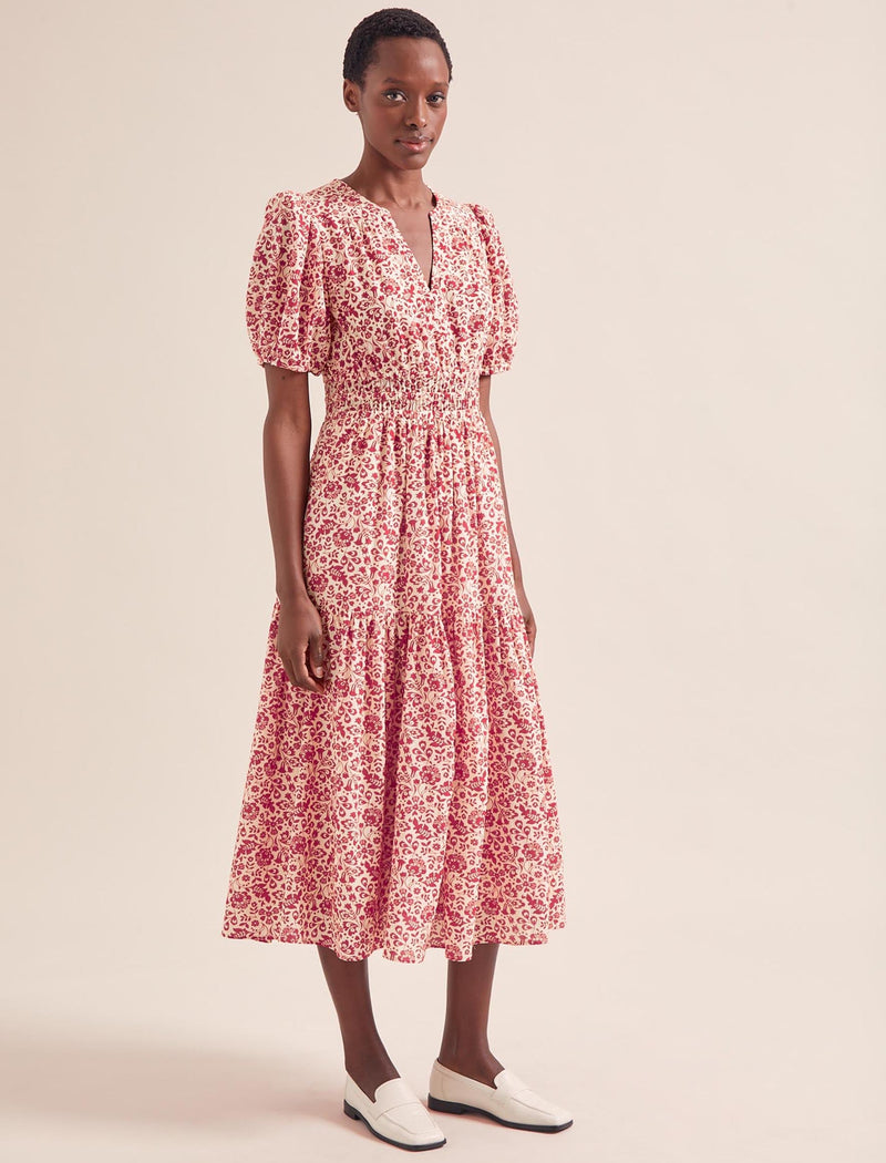 Olive Cotton Blend Midi Dress - Red Mono Floral Print