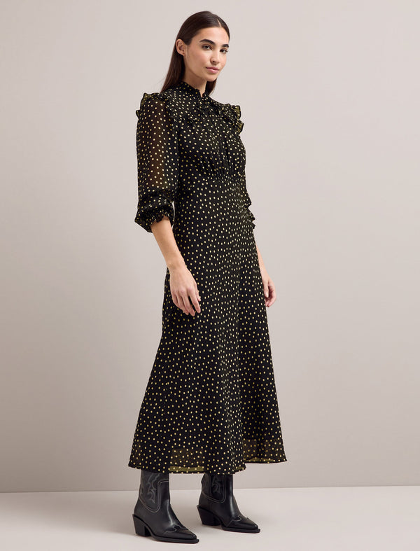 Lucinda Bias Cut Maxi Dress - Black Cream Polka Dot Print