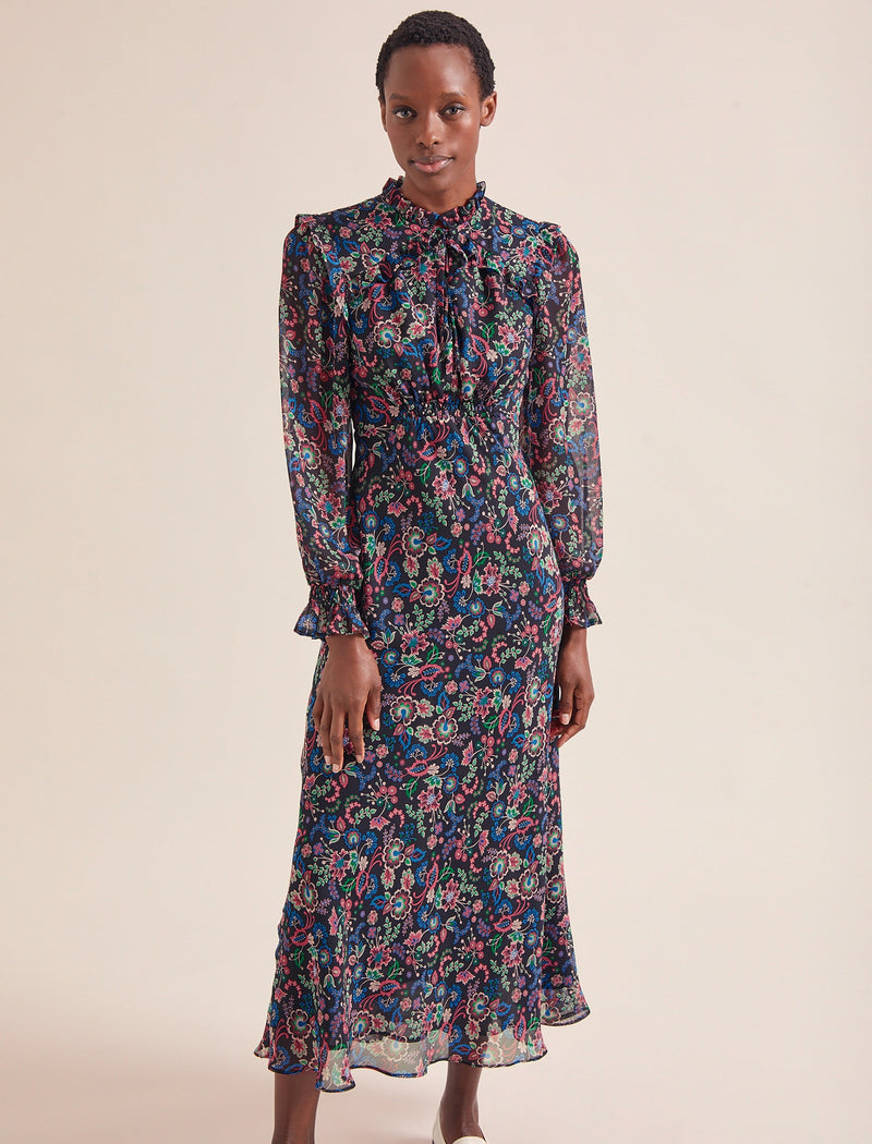 Lucinda Bias Cut Maxi Dress - Navy Multi Large Floral Print