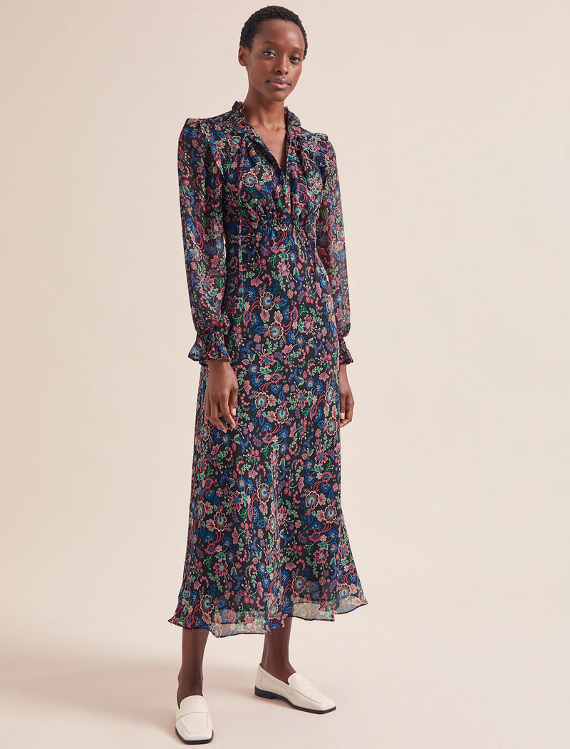 Lucinda Bias Cut Maxi Dress - Navy Multi Large Floral Print