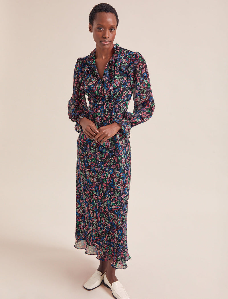 Lucinda Bias Cut Maxi Dress - Navy Multi Large Floral Print