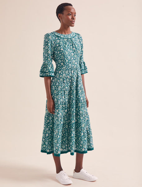 Elodie Cotton Blend Maxi Dress - Green Ditsy Carnation Print