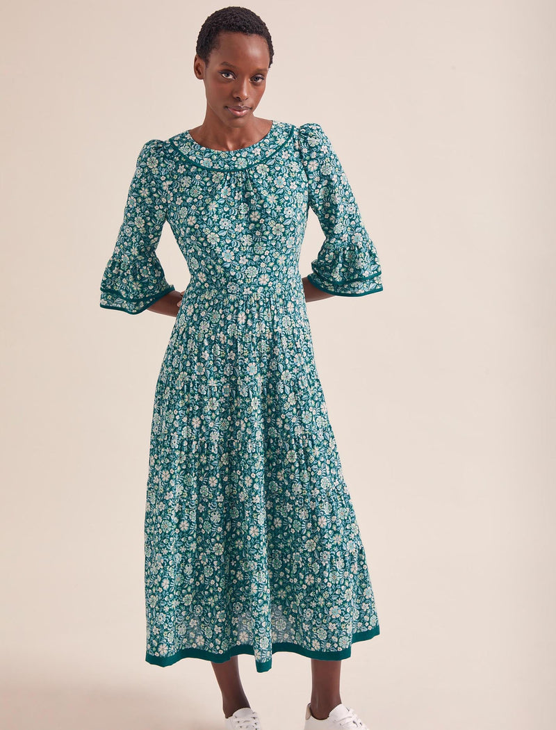 Elodie Cotton Blend Maxi Dress - Green Ditsy Carnation Print