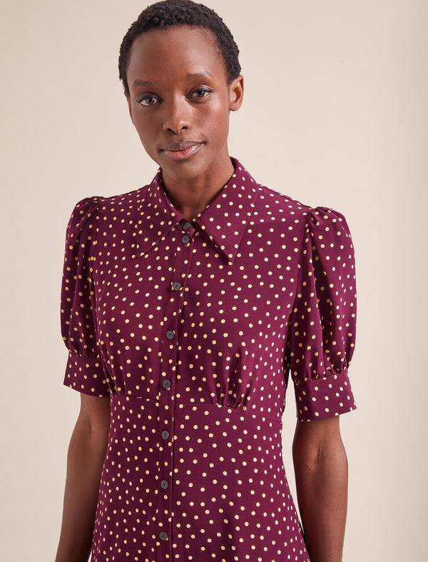 Ivy Silk Dress - Burgundy Gold Polka Dot Print