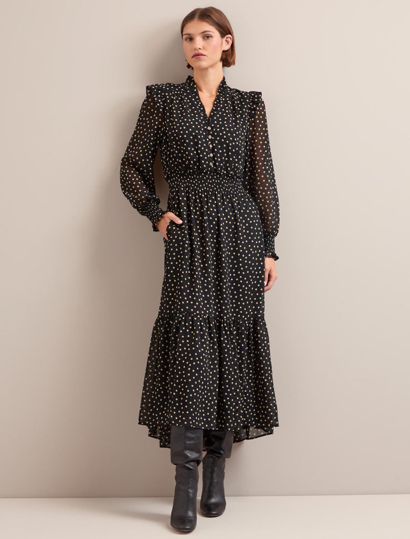 Saskia Maxi Shirt Dress - Black Cream Polka Dot