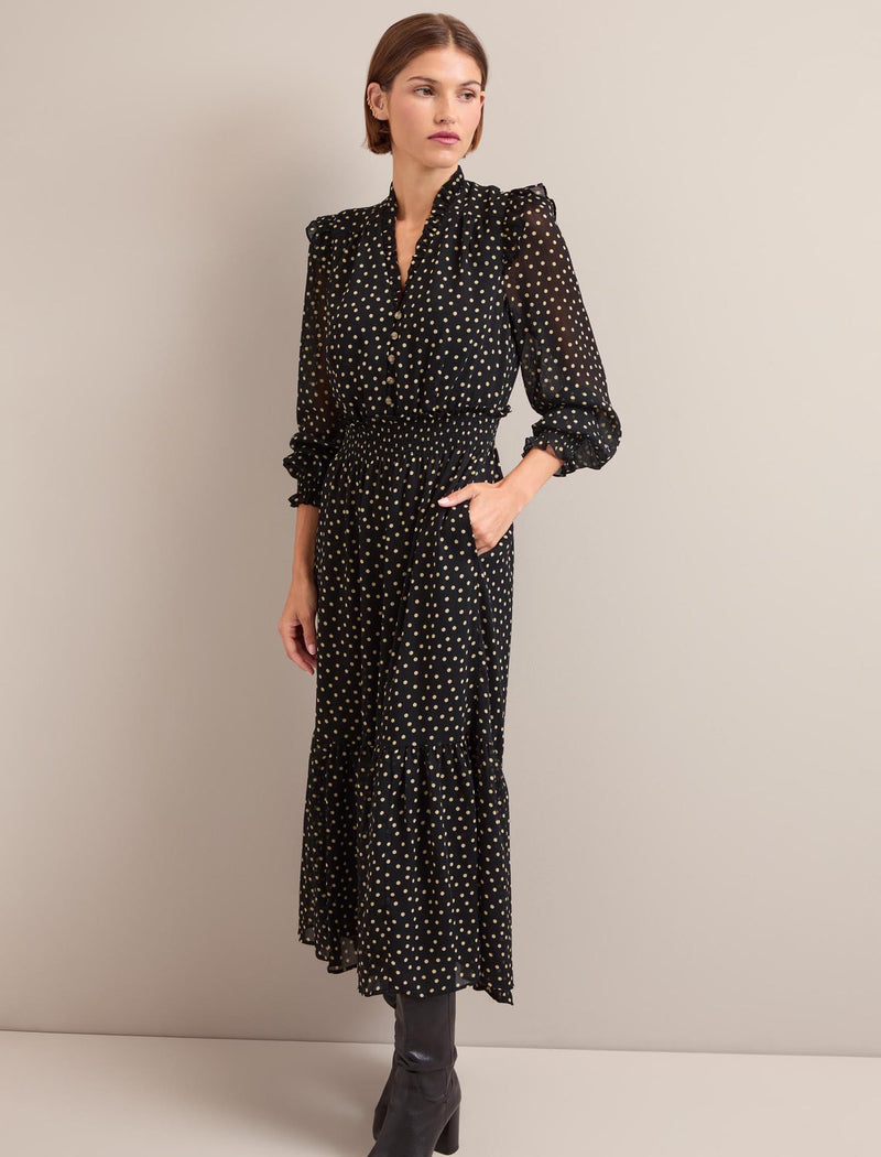 Saskia Maxi Shirt Dress - Black Cream Polka Dot