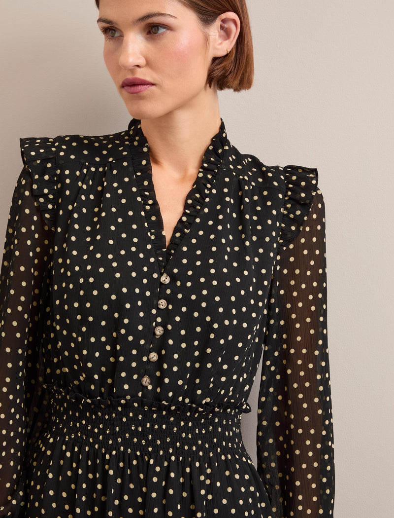 Saskia Maxi Shirt Dress - Black Cream Polka Dot