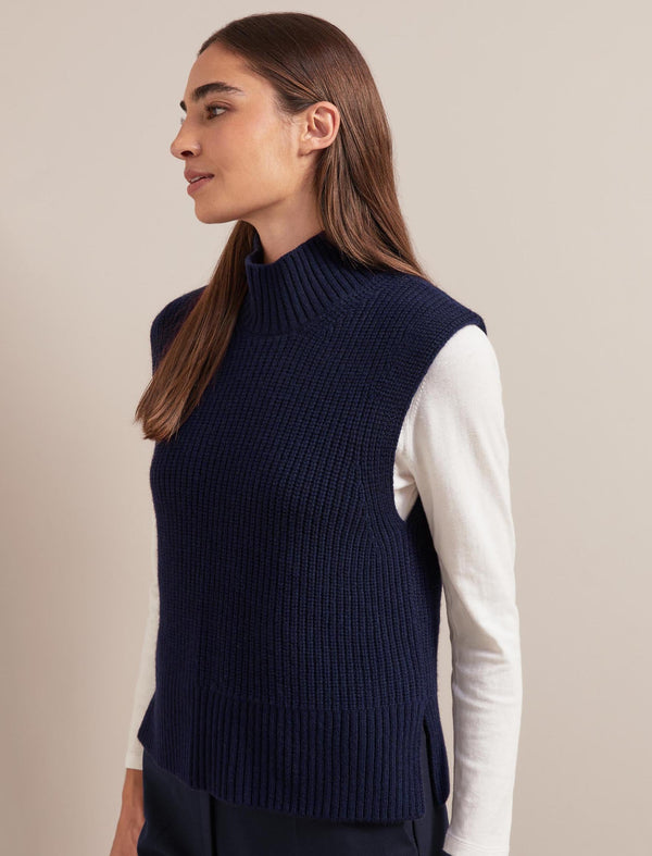 Janie Cashmere Blend Funnel Neck Sleeveless Jumper - Navy