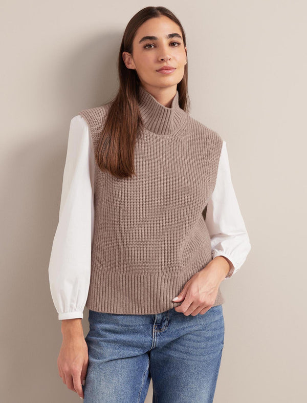 Janie Cashmere Blend Funnel Neck Sleeveless Jumper - Taupe