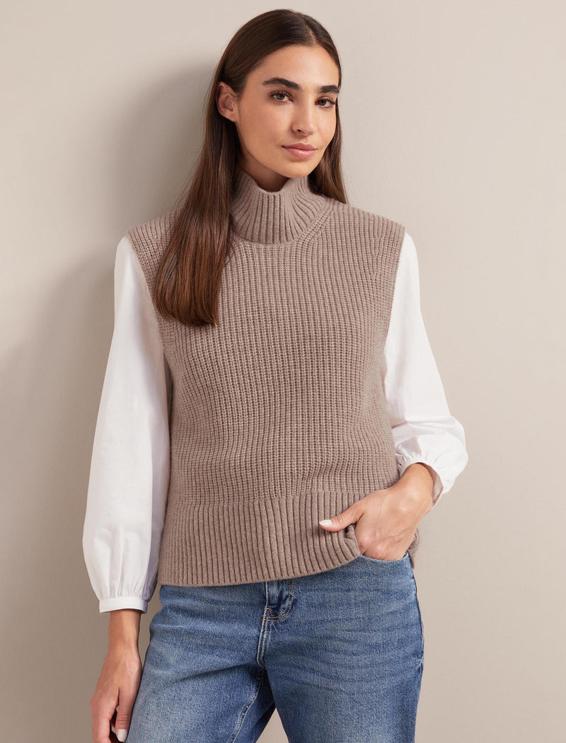 Janie Cashmere Blend Funnel Neck Sleeveless Jumper - Taupe