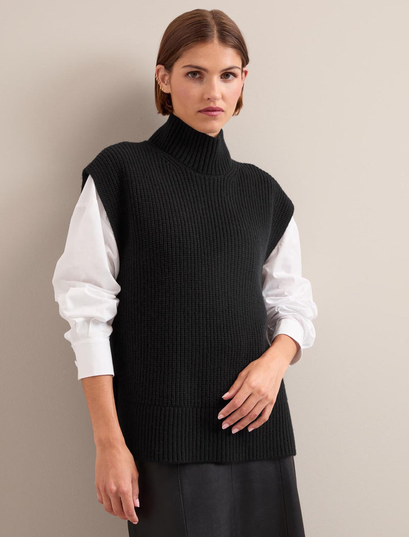 Janice Cashmere Blend Funnel Neck Sleeveless Jumper - Black