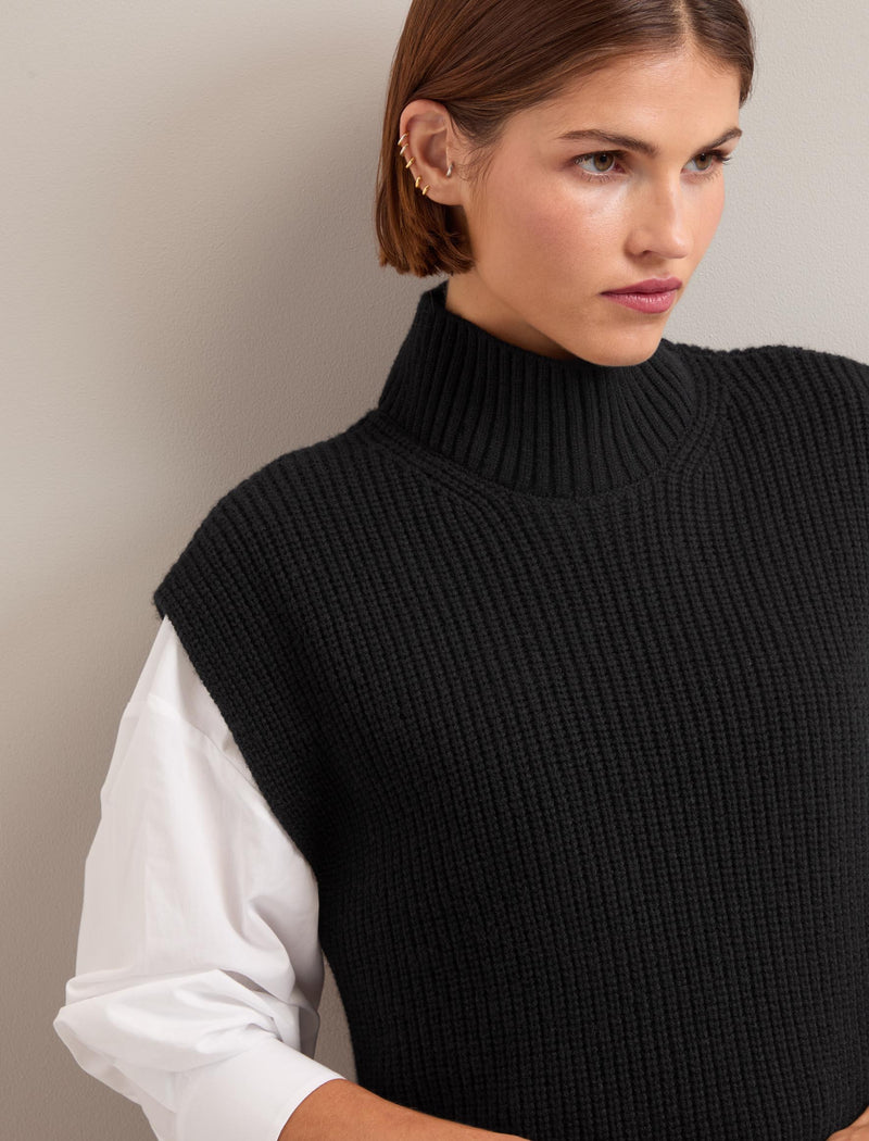 Janice Cashmere Blend Funnel Neck Sleeveless Jumper - Black