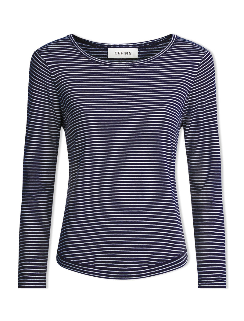 Maia Cotton Silk Blend T-Shirt - Navy White Stripe