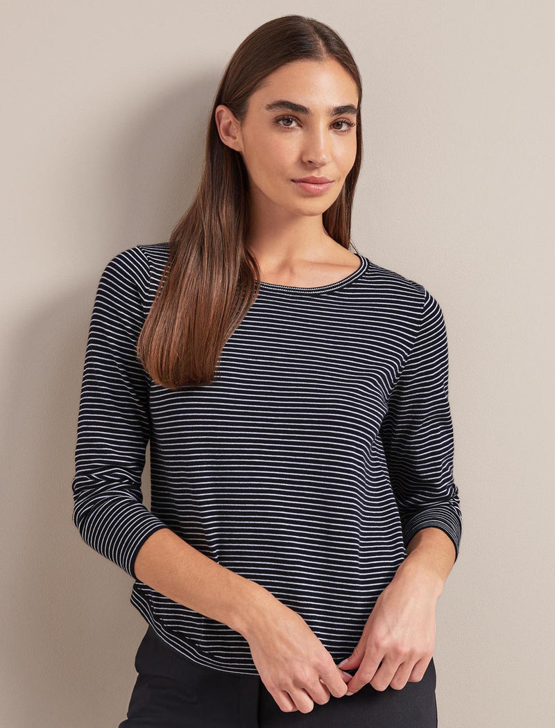 Maia Cotton Silk Blend T-Shirt - Navy White Stripe