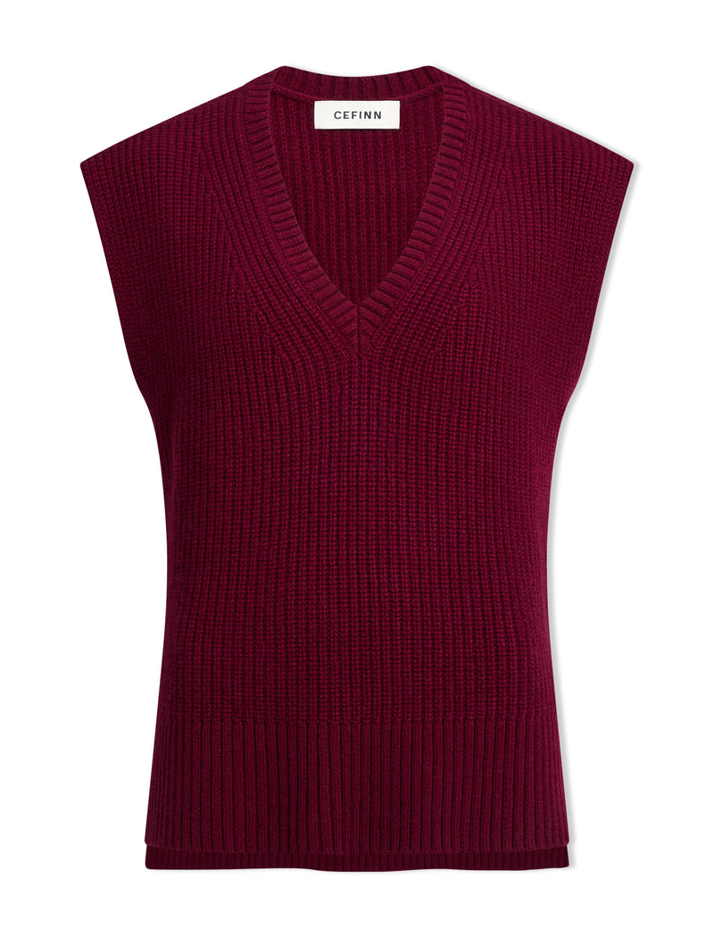 Janice Cashmere Blend V Neck Sleeveless Jumper - Burgundy