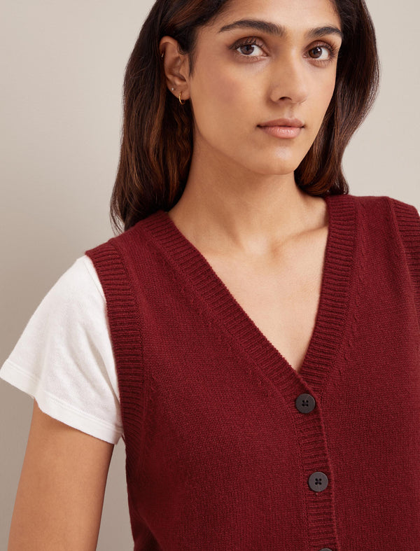 Wesley Cashmere Blend V Neck Waistcoat - Dark Red