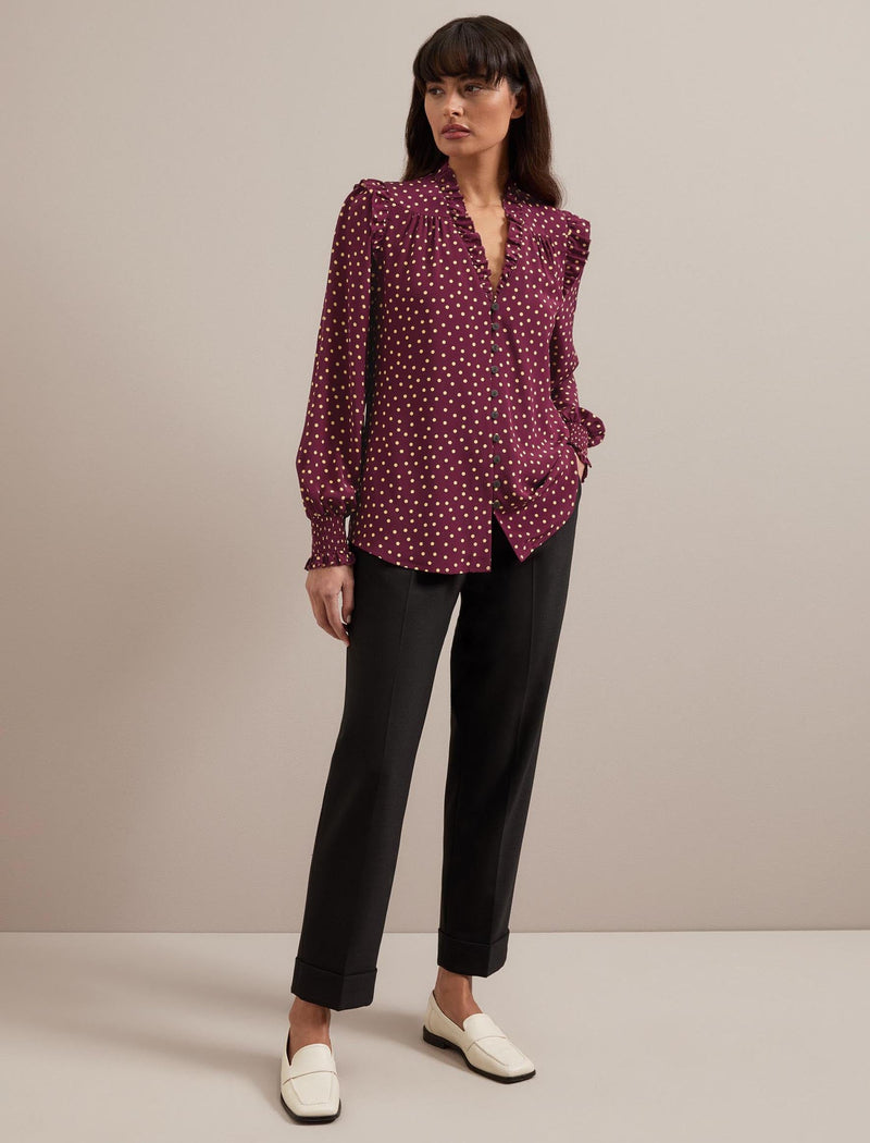 Stella Silk Shirt - Burgundy Gold Polka Dot Print