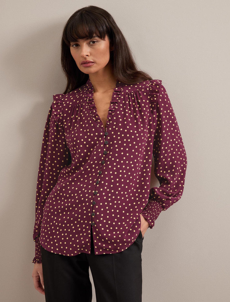 Stella Silk Shirt - Burgundy Gold Polka Dot Print