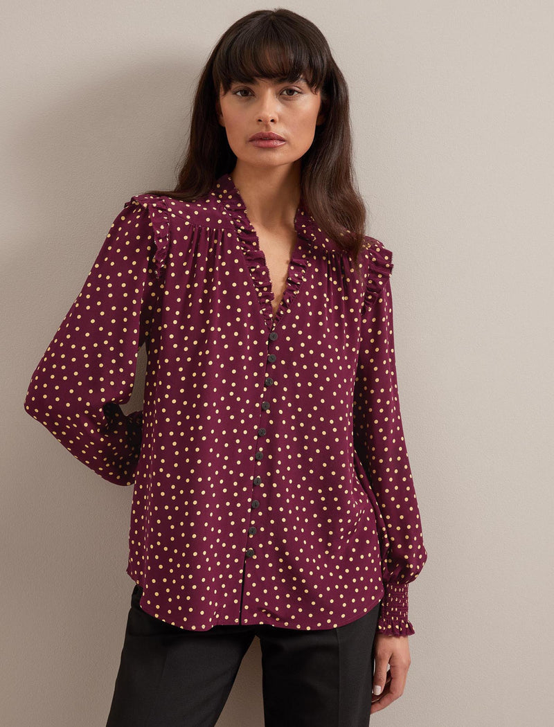 Stella Silk Shirt - Burgundy Gold Polka Dot Print