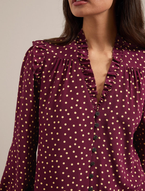 Stella Silk Shirt - Burgundy Gold Polka Dot Print