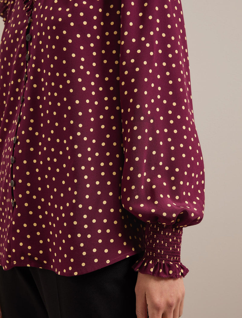 Stella Silk Shirt - Burgundy Gold Polka Dot Print